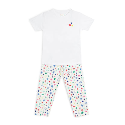Sleepwear Set | Tshirt Pyjama Pant Set | Nightsuit Set | Girls Cotton Fabric White Star