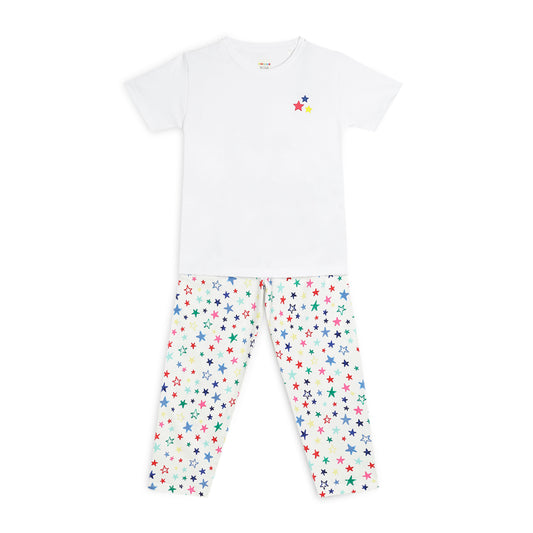 Sleepwear Set | Tshirt Pyjama Pant Set | Nightsuit Set | Girls Cotton Fabric White Star