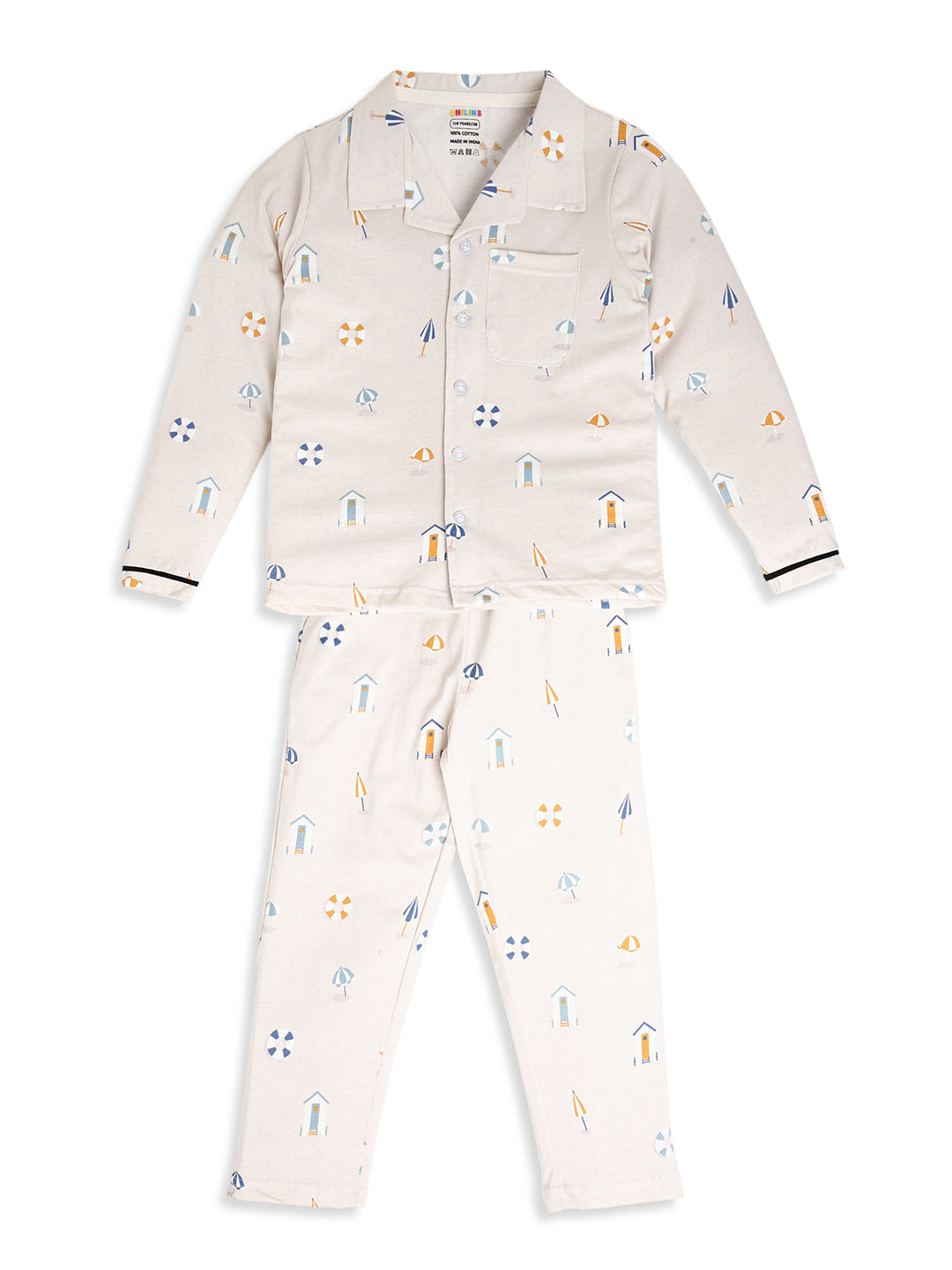 CHILINS Boys Beach Print Night Suit Set | 100% Pure Cotton Full Sleeve Shirt & Pyjama