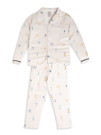 CHILINS Boys Beach Print Night Suit Set | 100% Pure Cotton Full Sleeve Shirt & Pyjama