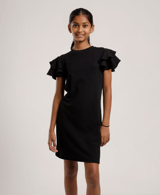 Girls Black Shift Dress | Stylish Ruffle Sleeves | Casual & Outing Wear