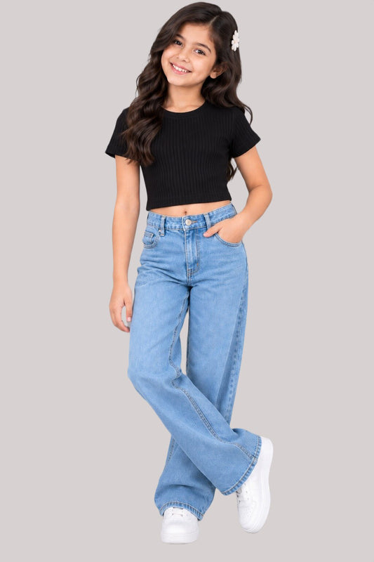 CHILINS Girls Black Ribbed Round Neck Short Sleeve Top