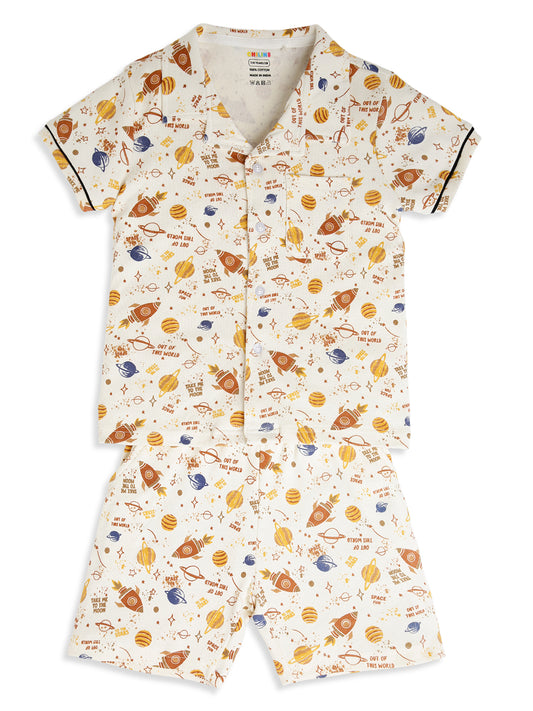 CHILINS Boys Space Rocket Print Night Suit Set | 100% Pure Cotton Half Sleeve Shirt & Shorts