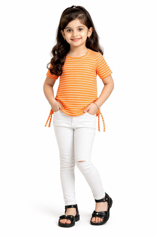 CHILINS Girls Cotton Rib Striped Top – Stylish Casual Wear with Side Tie-Up