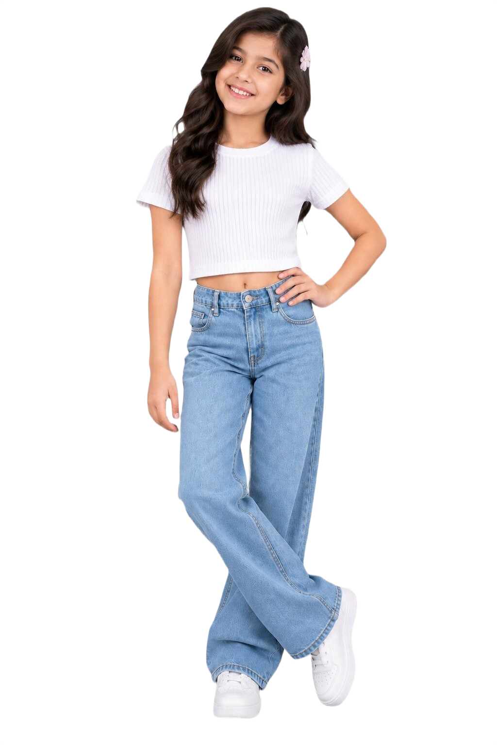 CHILINS Girls White Ribbed Crop Top | Short Sleeve Round Neck Casual Top for Kids