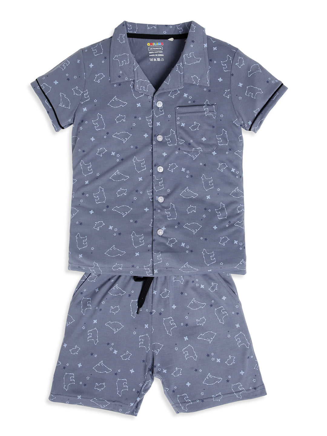 CHILINS Boys Polar Bear Print Night Suit Set | 100% Pure Cotton Half Sleeve Shirt & Shorts