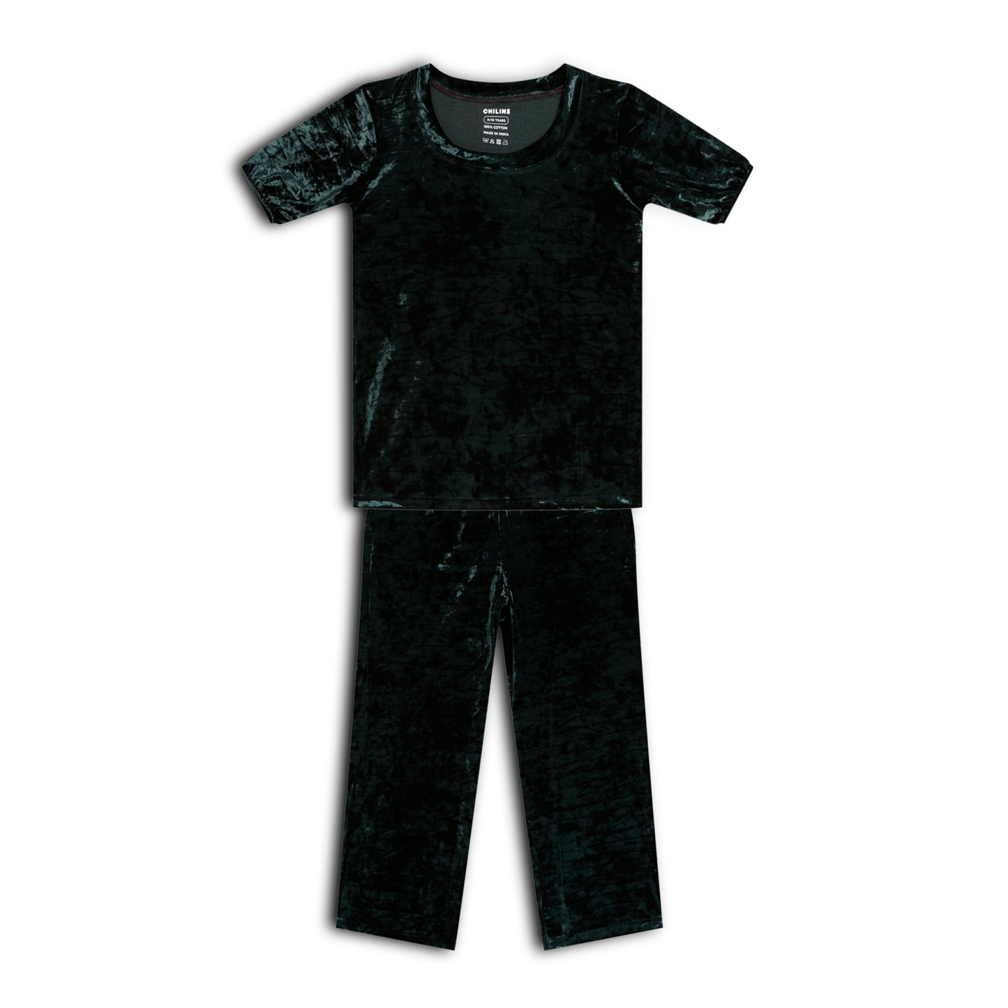 CHILINS Girls Velvet Co-Ord Set | Dark Green Top & Pants Set for Kids