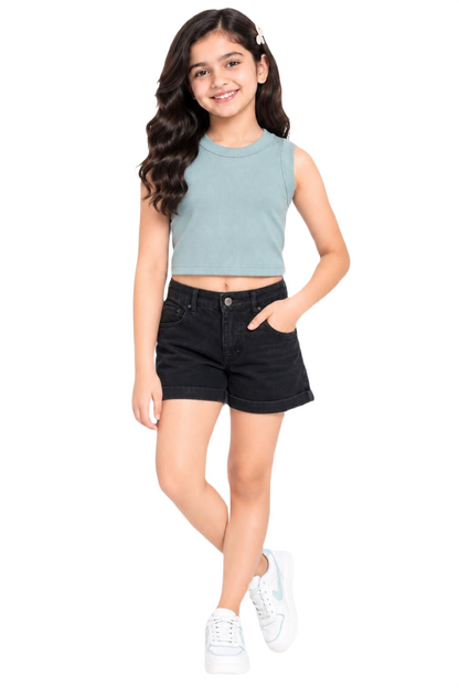 CHILINS Girls Light Blue Ribbed Cotton Sleeveless Crop Top