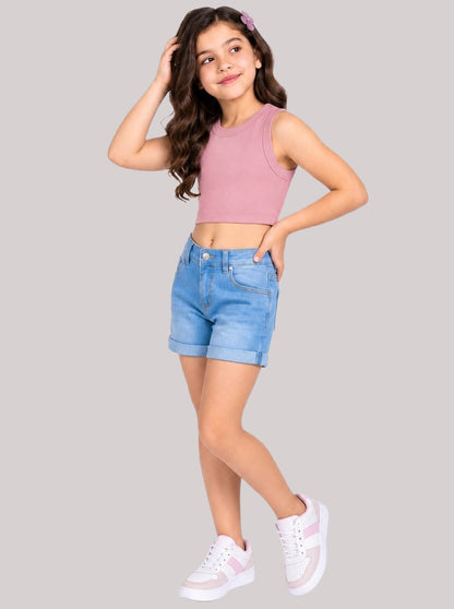 CHILINS Girls Cotton Pink Ribbed Sleeveless Crop Top