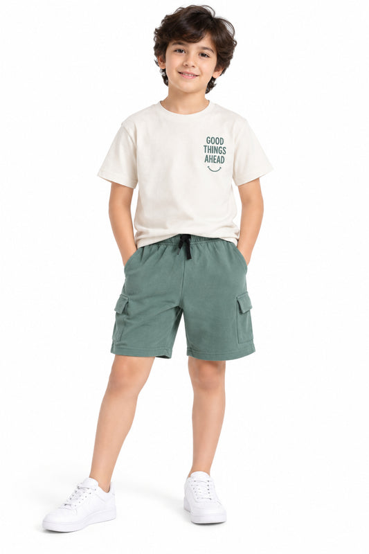 CHILINS Boys Green Cargo Shorts | Drawstring Waist | Utility Pockets | Knee Length | Regular Fit | Casual Wear