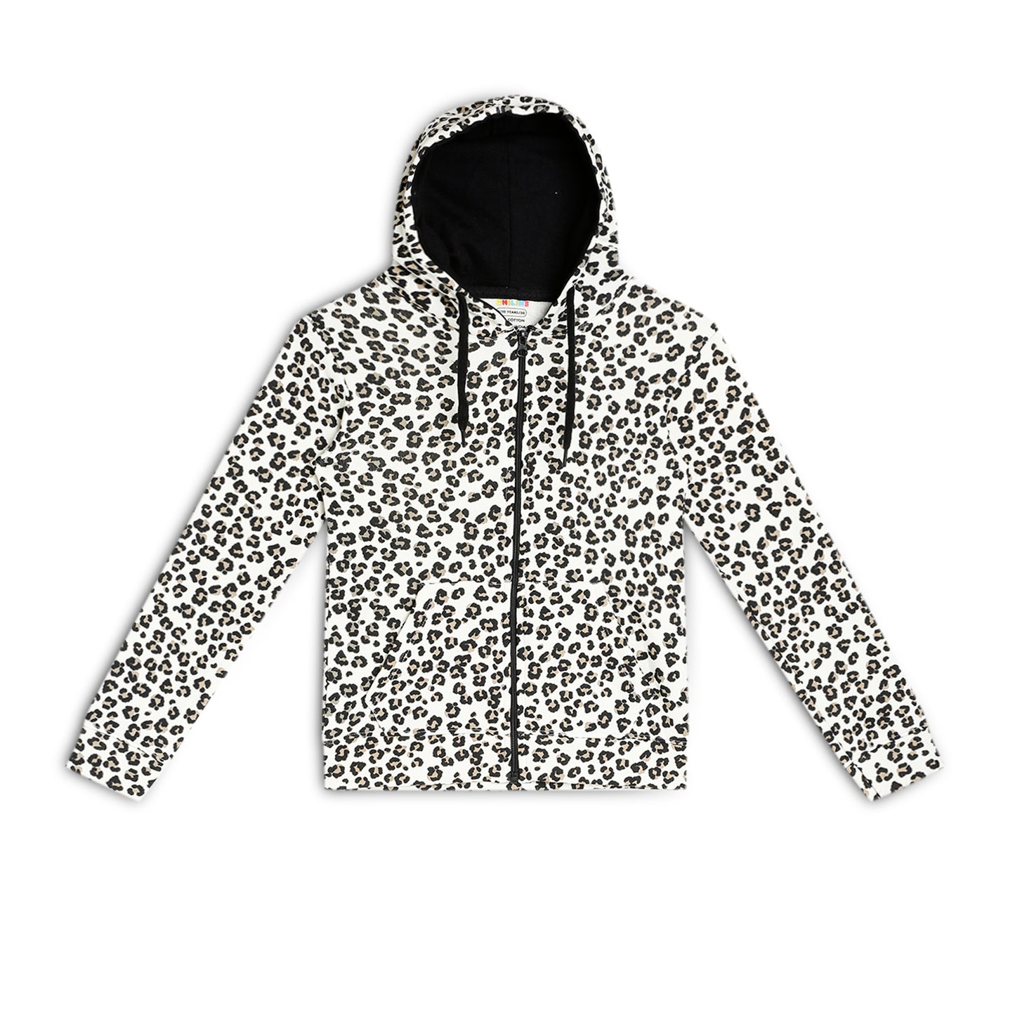 Girls Zipper Hooded Sweatshirt | Animal Print | Kangaroo Pockets | Regular Fit | White Black