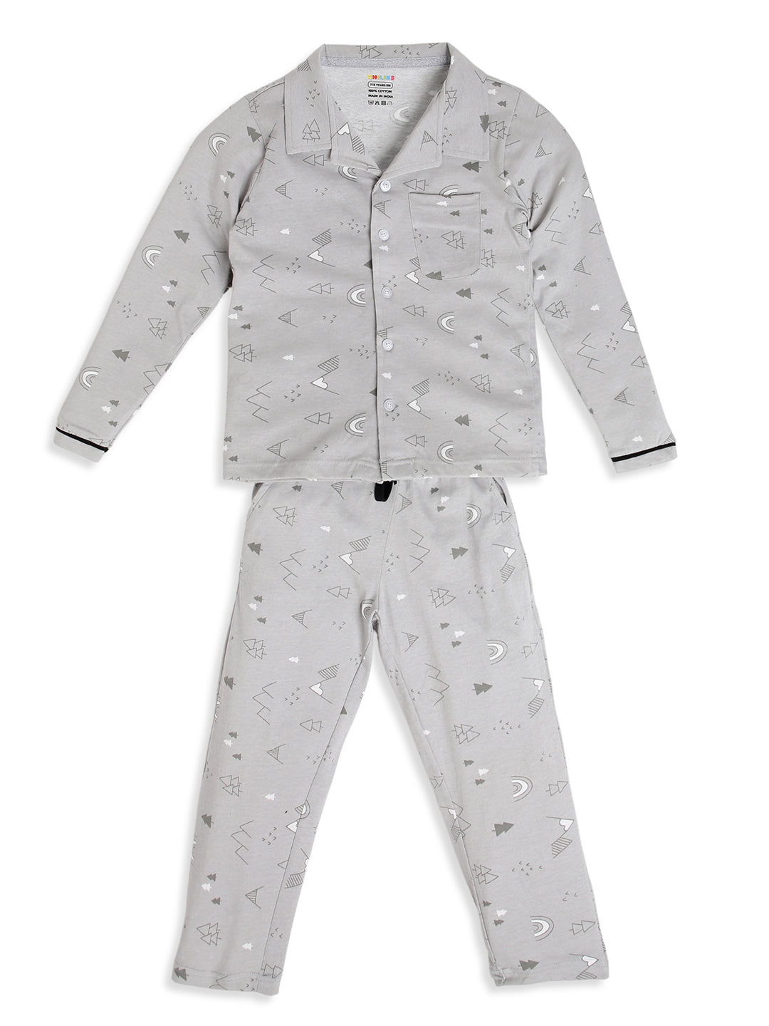 CHILINS Boys Grey Printed Night Suit Set | Pure Cotton Full Sleeve Shirt & Pyjama Sleepwear