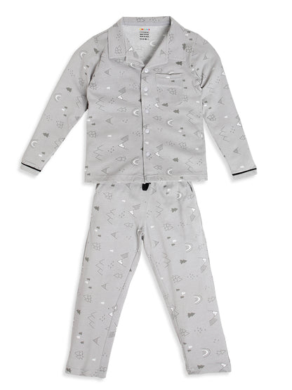 CHILINS Boys Grey Printed Night Suit Set | Pure Cotton Full Sleeve Shirt & Pyjama Sleepwear