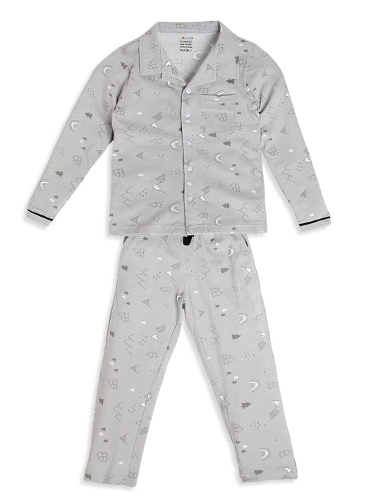 CHILINS Boys Grey Printed Night Suit Set | Pure Cotton Full Sleeve Shirt & Pyjama Sleepwear
