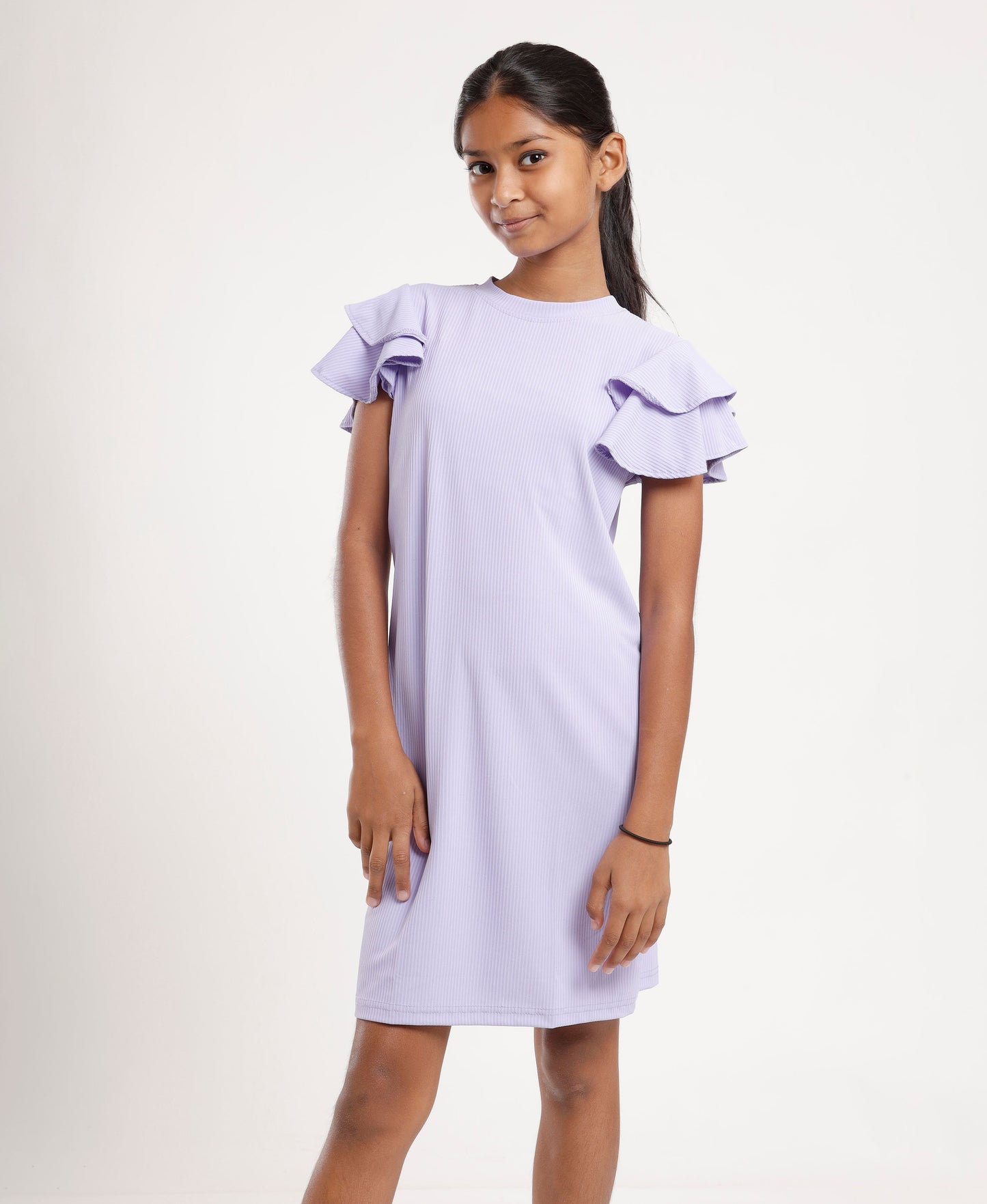 Girls Light Purple Shift Dress | Stylish Ruffle Sleeves | Casual & Outing Wear