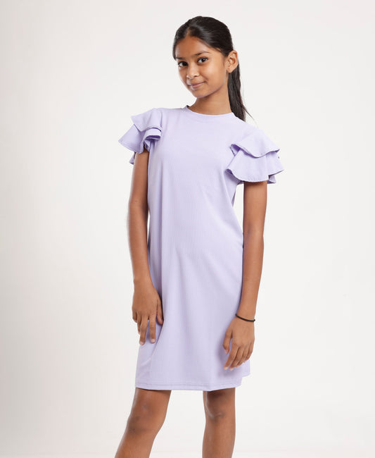 Girls Light Purple Shift Dress | Stylish Ruffle Sleeves | Casual & Outing Wear