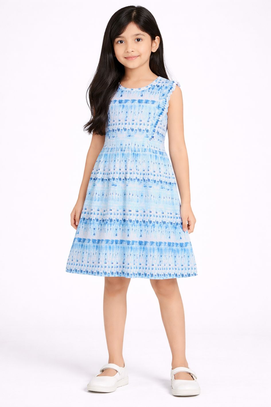 CHILINS Girls Blue Printed Sleeveless Frock Dress with Tie Dye Pattern for Kids