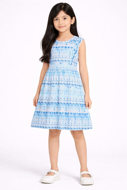 CHILINS Girls Blue Printed Sleeveless Frock Dress with Tie Dye Pattern for Kids