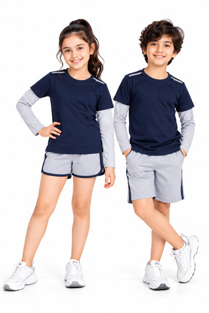CHILINS Kids Navy Blue & Grey Sports T-Shirt | Boys & Girls | Layered Sleeves | Active Wear