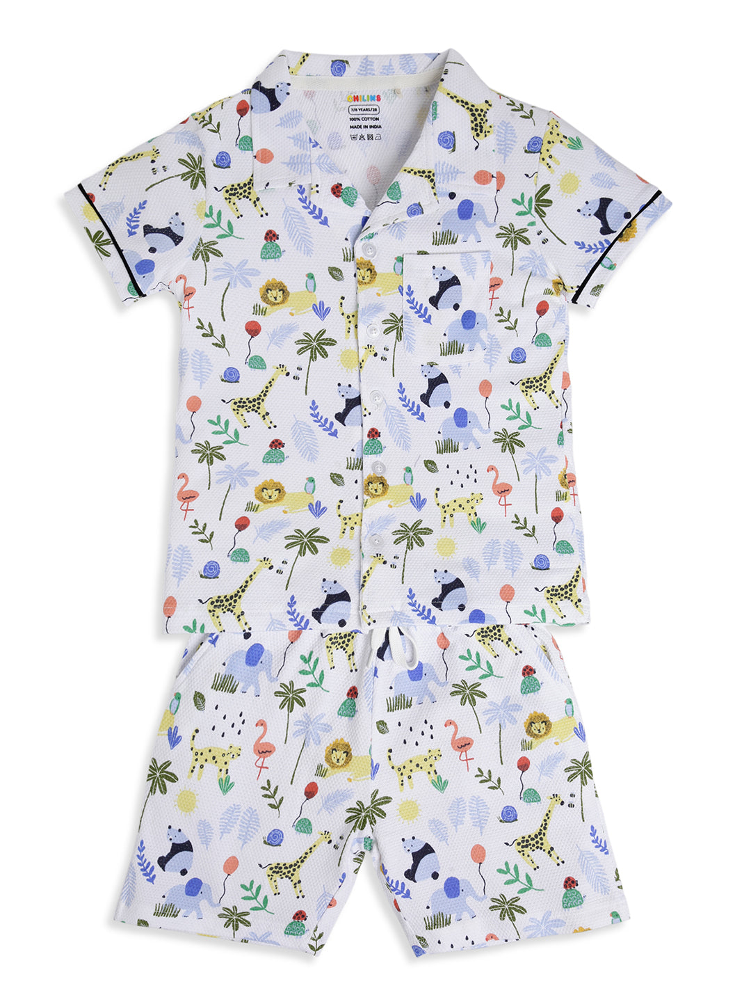 CHILINS Boys Jungle Animal Print Night Suit Set | 100% Pure Cotton Half Sleeve Shirt & Shorts