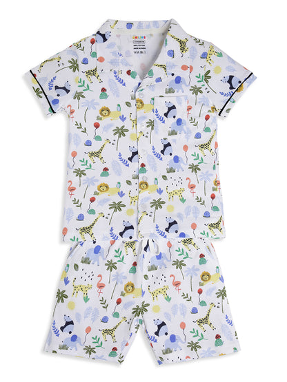 CHILINS Boys Jungle Animal Print Night Suit Set | 100% Pure Cotton Half Sleeve Shirt & Shorts