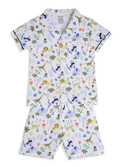 CHILINS Boys Jungle Animal Print Night Suit Set | 100% Pure Cotton Half Sleeve Shirt & Shorts