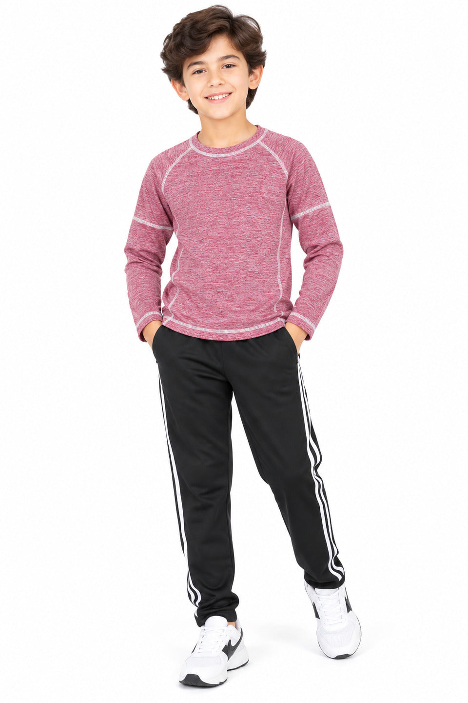 CHILINS Boys Pink Melange Full Sleeve T-Shirt | Round Neck | Raglan Sleeves