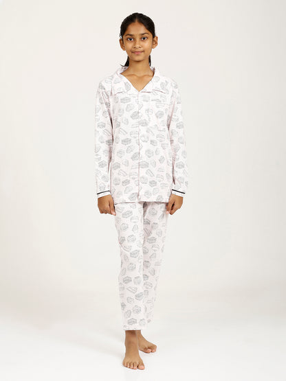 CHILINS Girls Shirt Pyjama Night Dress – Pure Cotton, Pink Foodies Print