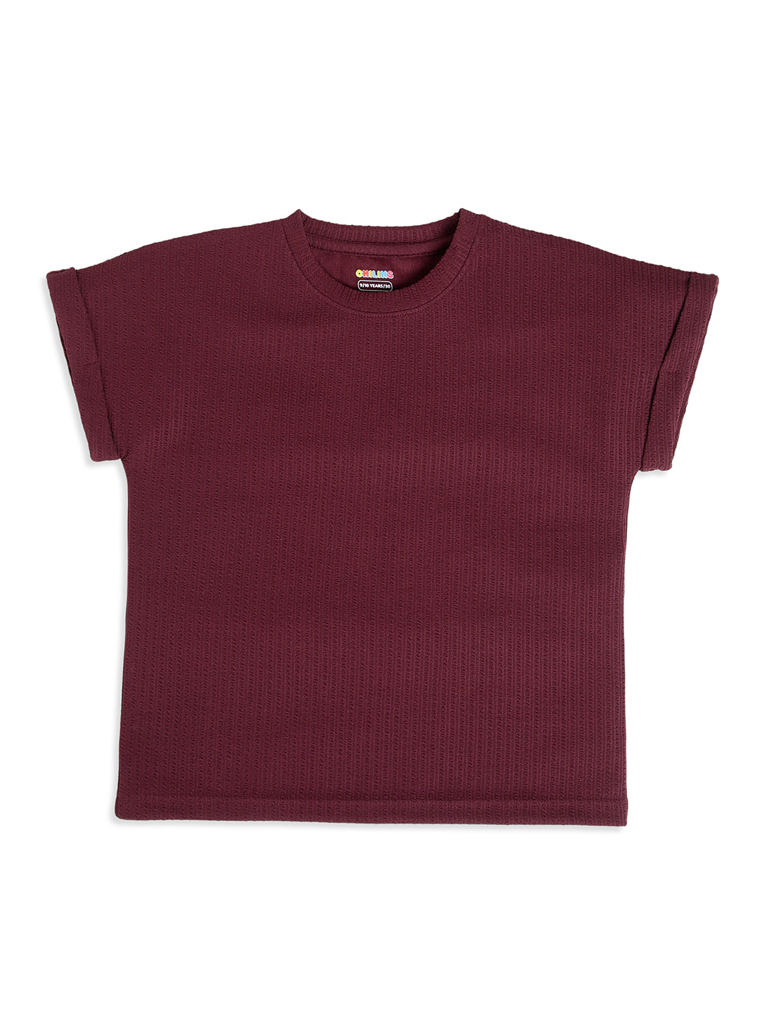 CHILINS Kids Maroon Textured T-Shirt | Polyester Blended Ribbed Casual Top for Boys & Girls