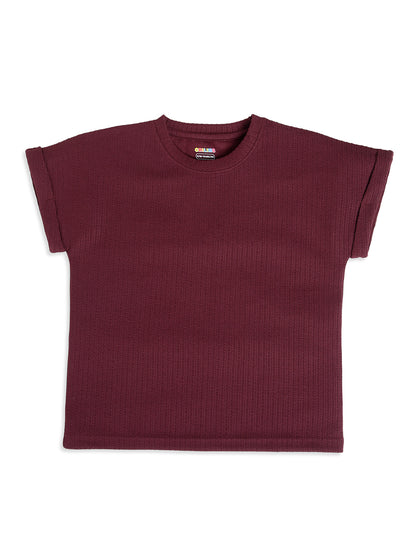CHILINS Kids Maroon Textured T-Shirt | Polyester Blended Ribbed Casual Top for Boys & Girls