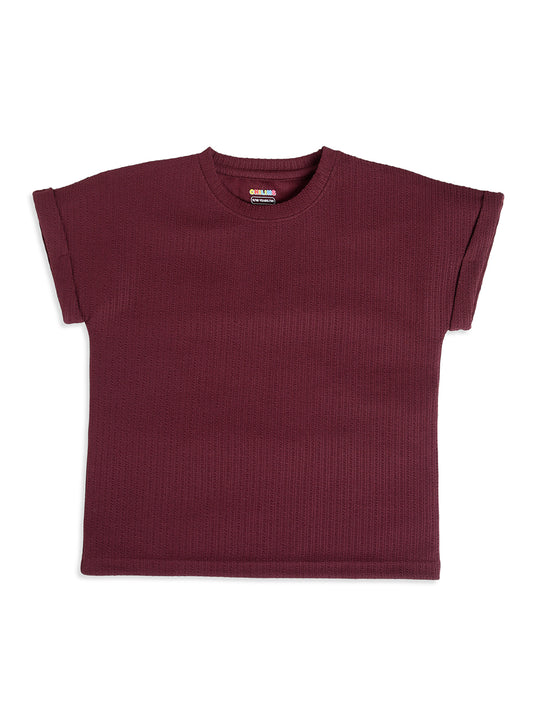 CHILINS Kids Maroon Textured T-Shirt | Polyester Blended Ribbed Casual Top for Boys & Girls