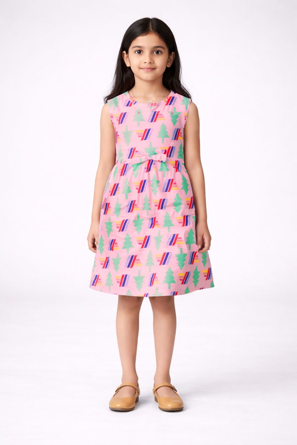 CHILINS Girls Pink Printed Sleeveless Frock Dress with Waist Bow