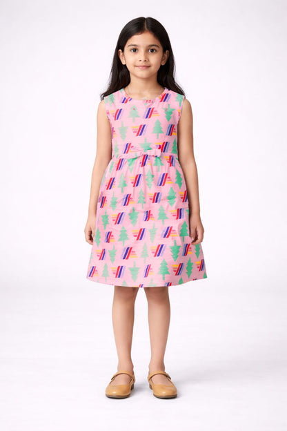 CHILINS Girls Pink Printed Sleeveless Frock Dress with Waist Bow