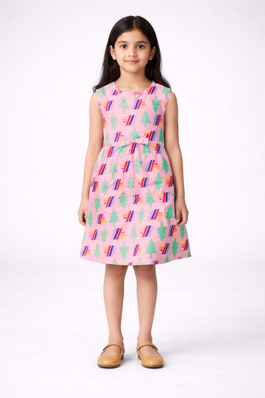 CHILINS Girls Pink Printed Sleeveless Frock Dress with Waist Bow