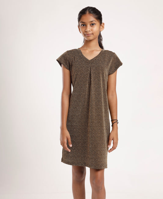 Girls’ Brown Printed V-Neck Casual Dress – Soft & Comfortable Short Sleeve A-Line Dress for Everyday Wear