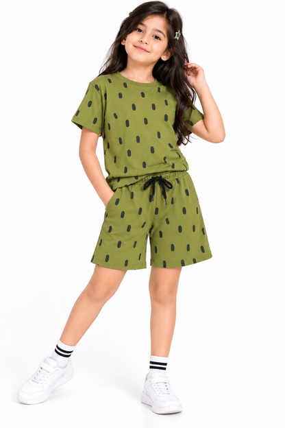 CHILINS Girls Olive Green Printed T-Shirt & Shorts Co-Ord Set