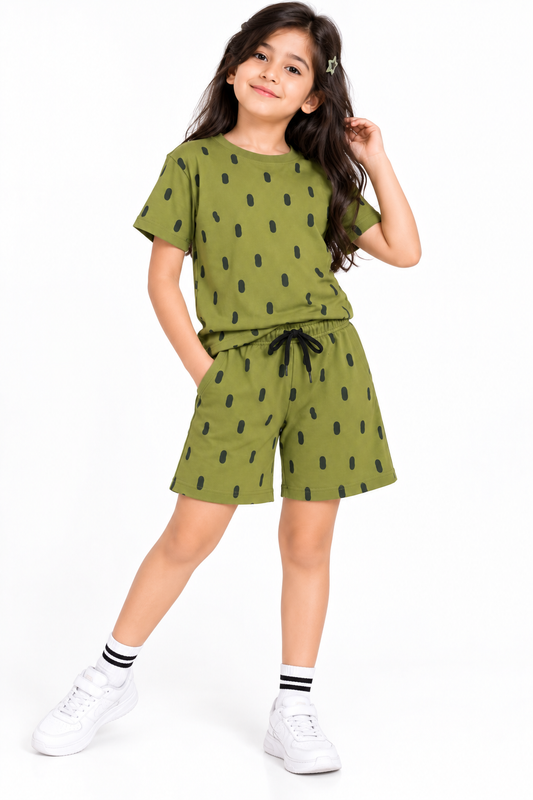 CHILINS Girls Olive Green Printed T-Shirt & Shorts Co-Ord Set
