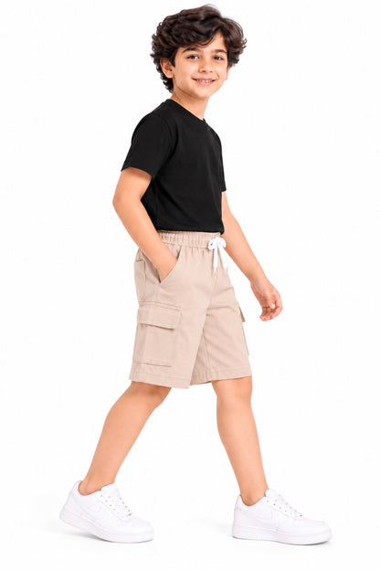 CHILINS Boys Beige Cargo Shorts | Drawstring Waist | Utility Pockets | Knee Length | Regular Fit | Casual Wear