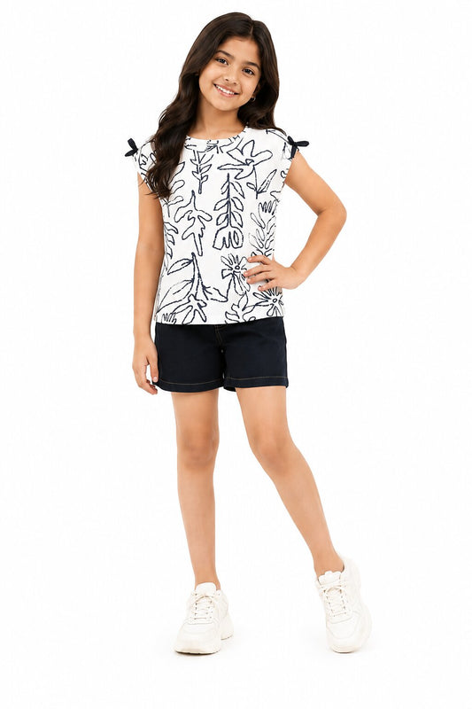 CHILINS Girls White Printed Short Sleeve T-Shirt
