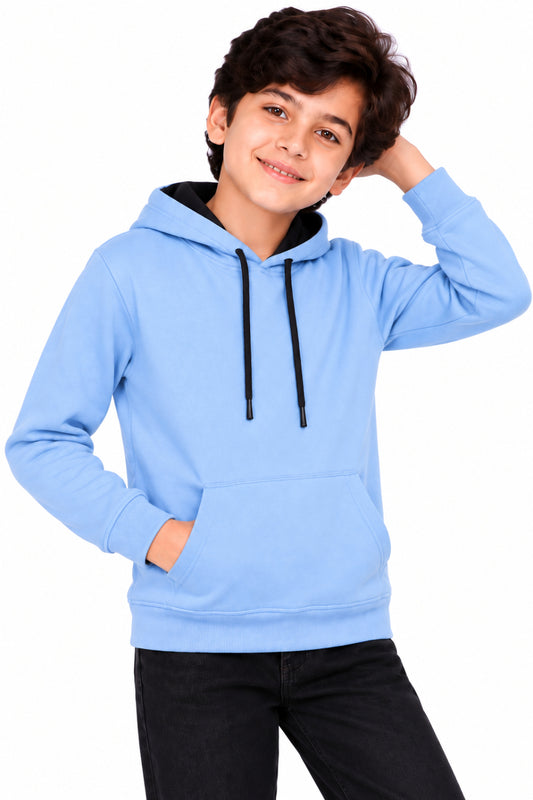 CHILNS Girls & Boys Light Blue Hooded Sweatshirt | Full Sleeves | Kangaroo Pocket | Drawstring Hood | Regular Fit