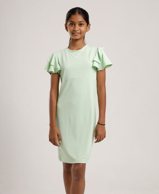 Girls Mint Green Shift Dress | Stylish Ruffle Sleeves | Casual & Outing Wear
