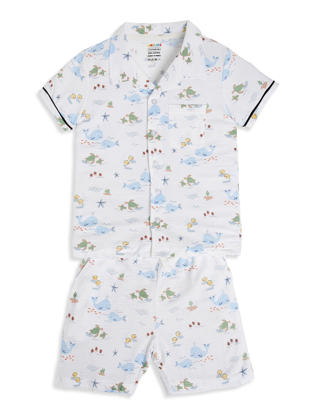 CHILINS Boys Ocean Print Night Suit Set | 100% Pure Cotton Half Sleeve Shirt & Shorts