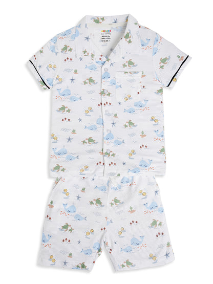 CHILINS Boys Ocean Print Night Suit Set | 100% Pure Cotton Half Sleeve Shirt & Shorts
