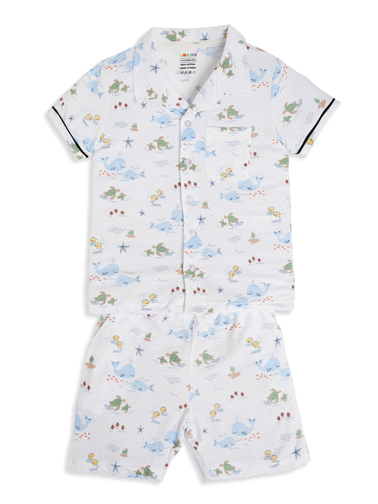 CHILINS Boys Ocean Print Night Suit Set | 100% Pure Cotton Half Sleeve Shirt & Shorts
