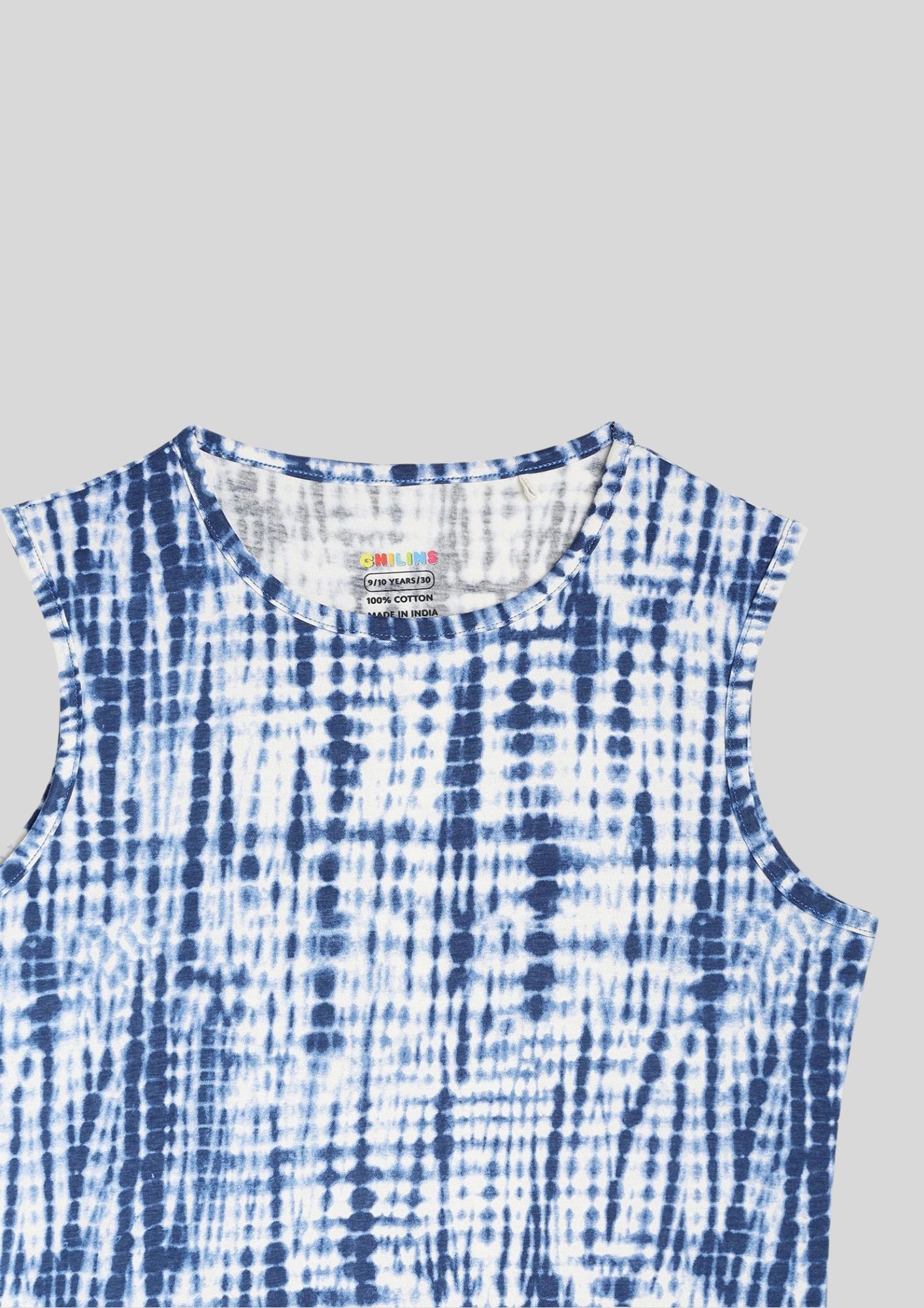 Girls Blue & White Tie‑Dye Sleeveless Dress – Trendy Summer Casual Wear