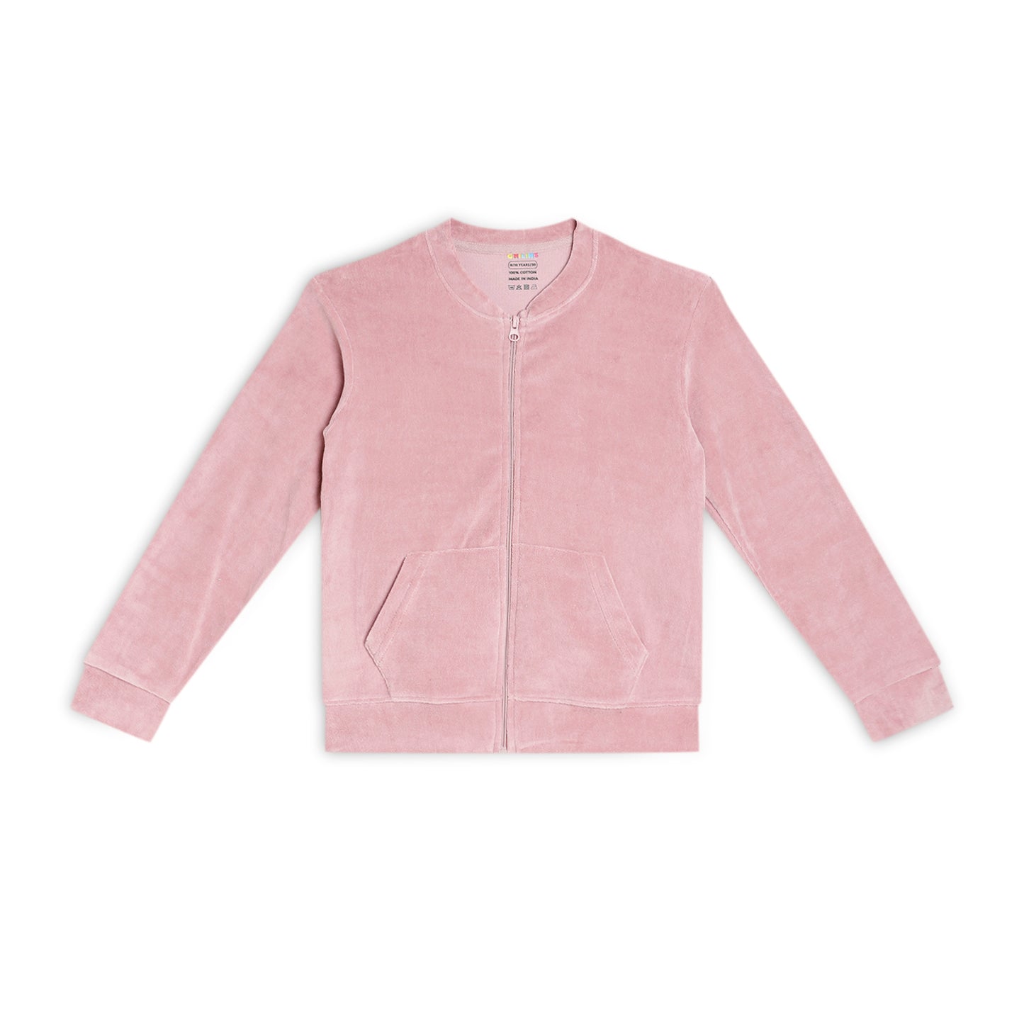 Girls Self Design Velvet Party Jacket with Zipper – Pink (Without Hood)