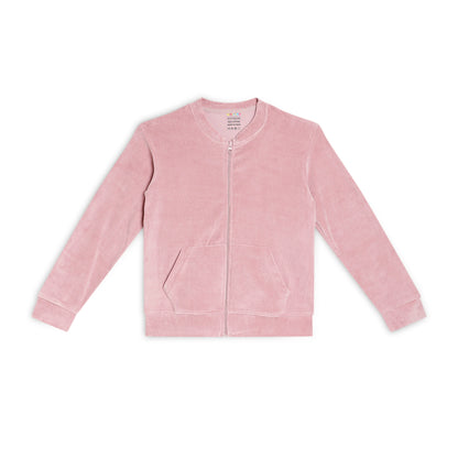 Girls Self Design Velvet Party Jacket with Zipper – Pink (Without Hood)