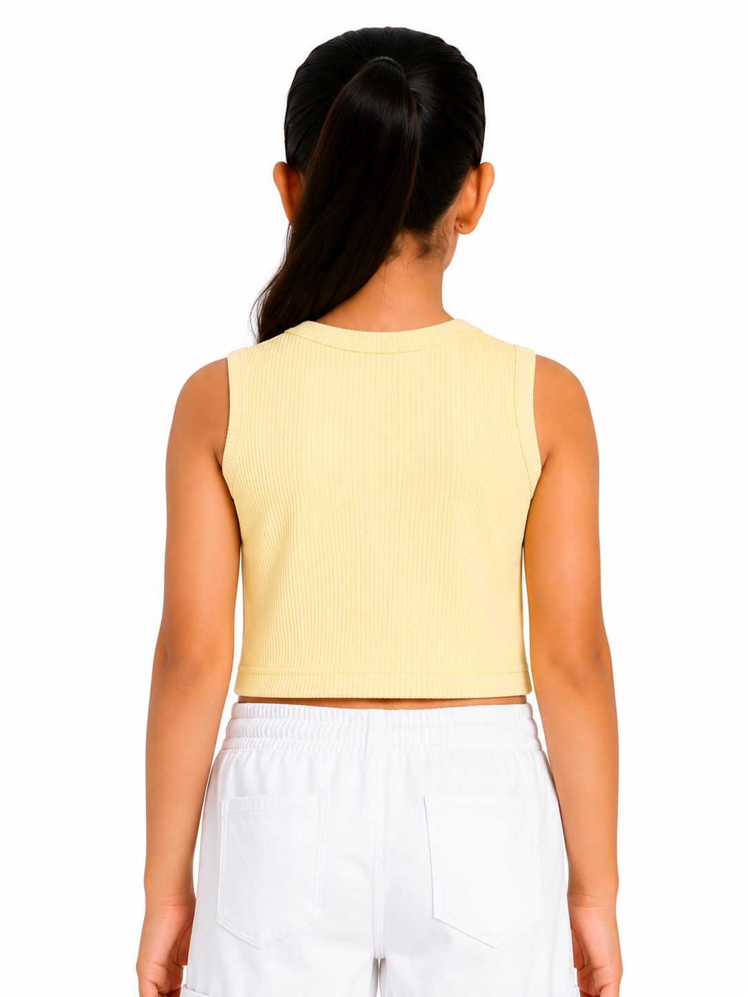 CHILINS Girls Light Yellow Ribbed Sleeveless Crop Top