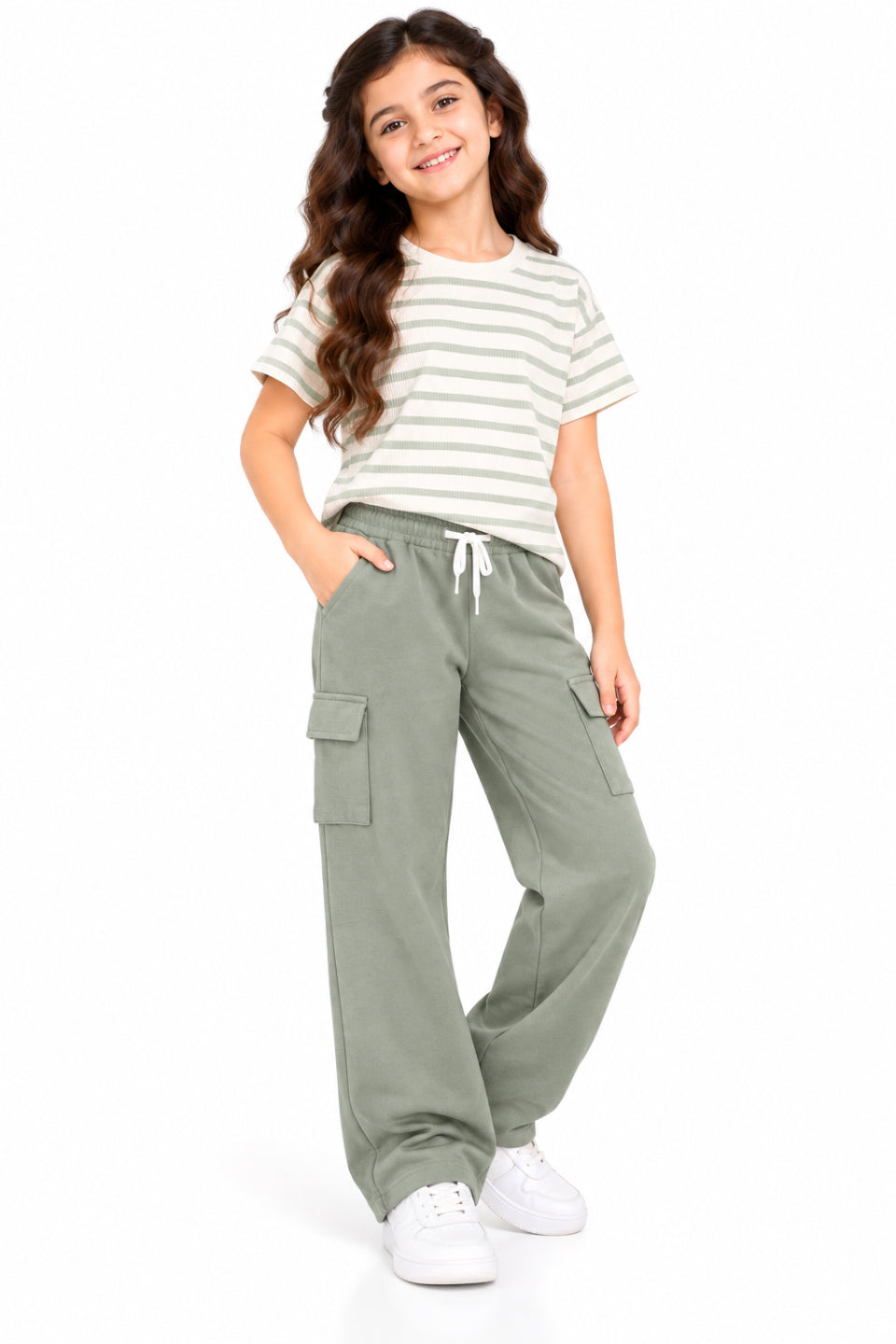 CHILINS Girls Green Cotton Cargo Track Pants | Wide-Leg Trousers with Drawstring Waist