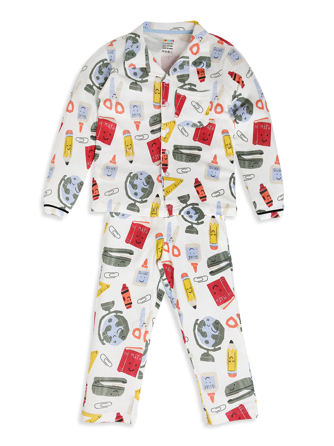 CHILINS Boys School Print Night Suit Set | 100% Pure Cotton Full Sleeve Shirt & Pyjama